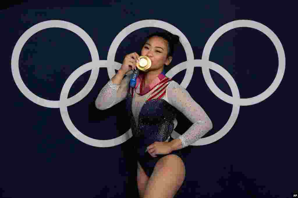 Sunisa Lee of United States reacts after winning the gold medal in the artistic gymnastics women&#39;s all-around final at the 2020 Summer Olympics in Tokyo, Japan.