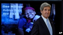 Secretary of State John Kerry arrives to speak at the 10th anniversary celebration for the President's Plan for Emergency AIDS Relief, June 18, 2013, at the State Department in Washington.