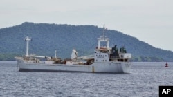 Thai-owned cargo ship Silver Sea 2 is seen anchored off an Indonesian Navy base in Sabang, Aceh province, Indonesia, Aug. 13, 2015.