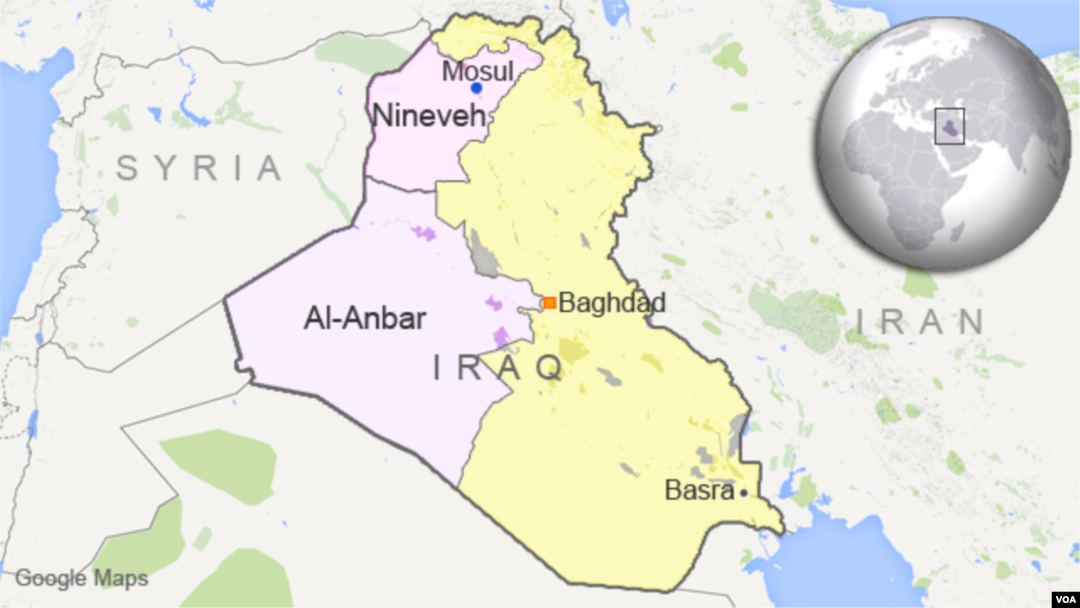 Map of Iraq showing the provinces of al-Anbar and Nineveh.