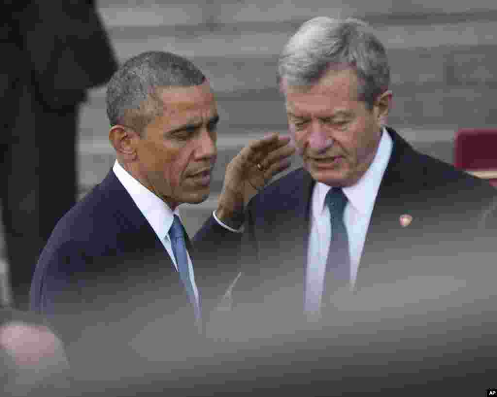 President Barack Obama and U.S. Ambassador to China, Max Baucus, leave the Great Hall of the People, Beijing, China, Nov. 12, 2014.