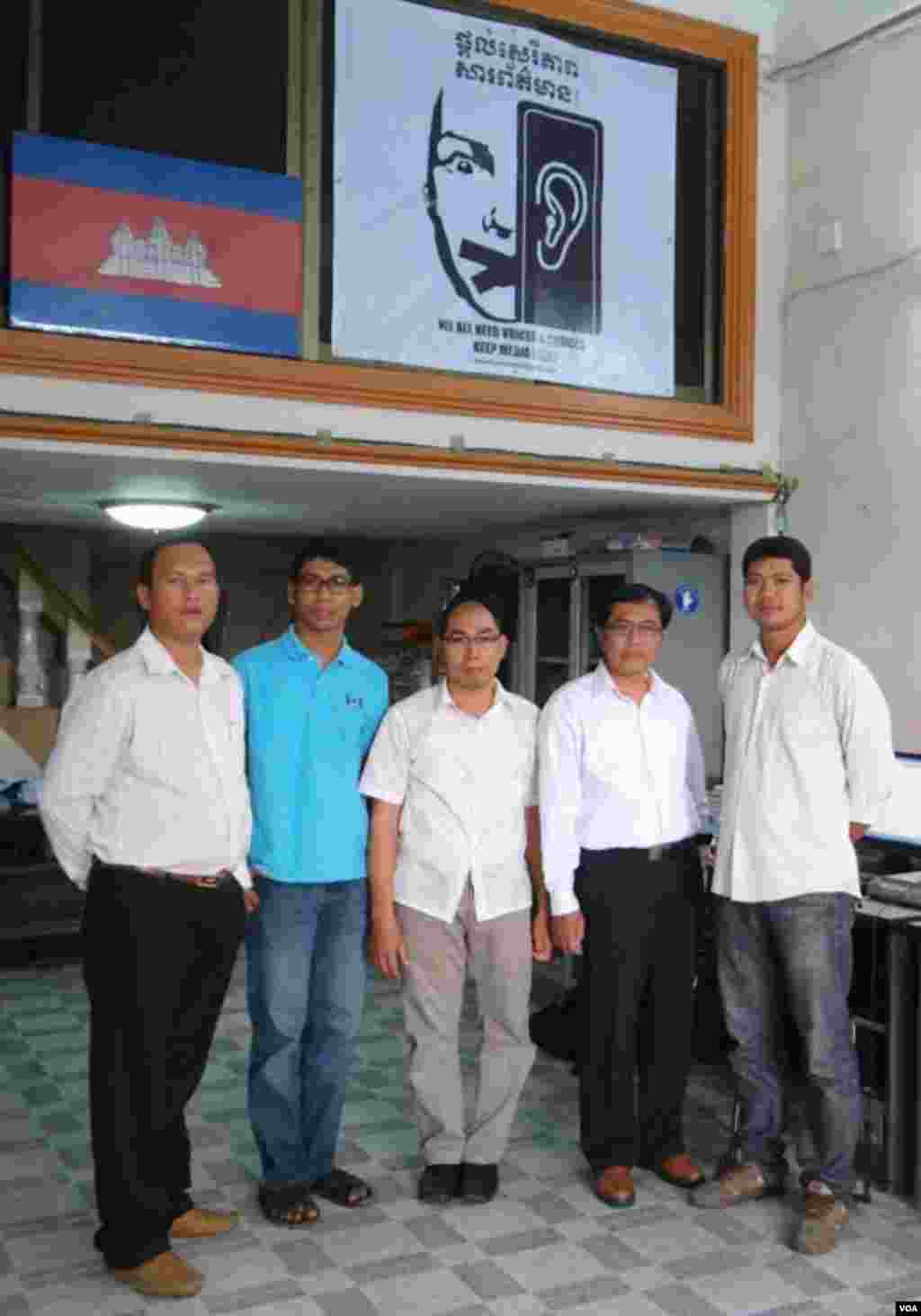 (left to right) Reaksmey Heng, Theara Khoun, Sothanarith Kong (editor), Sothy Lim (office manager), and Mony Say (TV Unit Coordinator) in VOA Phnom Penh office.