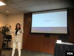 Eight companies from the country of Georgia took part at a startup boot camp in Silicon Valley recently. QuickCash CEO Mariam Rusishvili represented her company. (M. Quinn/VOA)