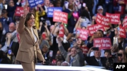 美国副总统、2024 年民主党总统候选人卡玛拉·哈里斯（Kamala Harris）在芝加哥市联合中心举行的民主党全国代表大会(DNC)第一天登台。(2024年8月19日)