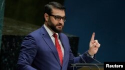 FILE - Afghanistan's then-national security adviser, Hamdullah Mohib, addresses the 74th session of the U.N. General Assembly at U.N. headquarters in New York, Sept. 30, 2019.