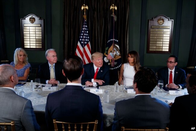 President Donald Trump speaks during a briefing with members of his administration, Aug. 8, 2017, during a working vacation at Trump National Golf Club in Bedminster, New Jersey.
