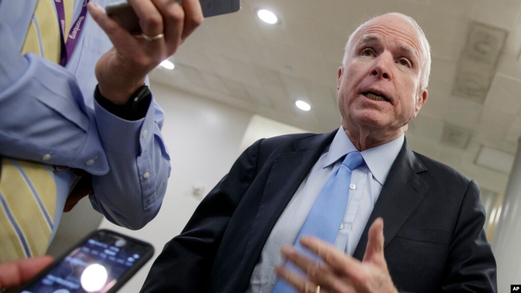 Senate Armed Services Committee Chairman Sen. John McCain, R-Ariz., speaks to reporters on Capitol Hill in Washington, March 8, 2017.