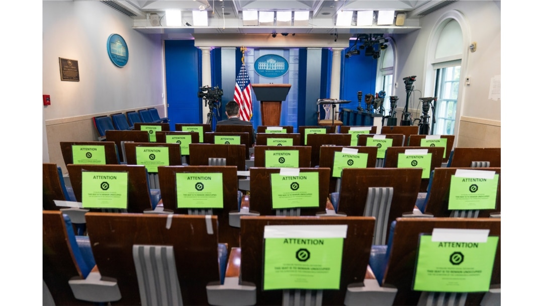The White House's Brady press briefing room is almost empty in Washington, Oct. 2, 2020.