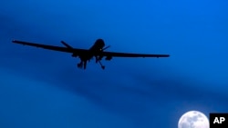 FILE - A U.S. Predator drone flies above Kandahar Air Field, southern Afghanistan, Jan. 31, 2010.