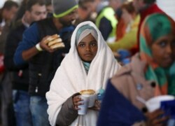 Para migran berbaris untuk mendapatkan makanan di stasiun perbatasan dengan Hongaria di Nickelsdorf, Austria, 26 September 2015.(Foto: REUTERS/Heinz-Peter Bader)