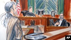 In this courtroom sketch, Osama bin Laden's son-in-law Suleiman Abu Ghaith, right, testifies at his trial, March 19, 2014, in New York, on charges he conspired to kill Americans and aid al-Qaida as a spokesman for the terrorist group.