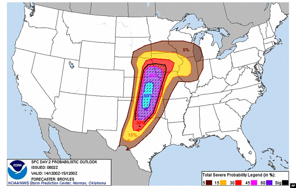 This graphic provided April 13, 2012 by NOAA's Storm Prediction Center shows a high risk of severe weather in portions of Kansas and Oklahoma on April 14. According to forecasters, there was a 60 percent chance of tornadoes, high wind and hail within 25 m