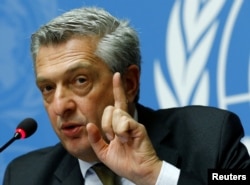 FILE - U.N. High Commissioner for Refugees Filippo Grandi attends a news conference on Myanmar at the United Nations in Geneva, Switzerland, Sept. 27, 2017.