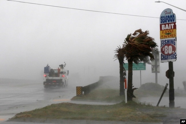 A work truck drives on Hwy 24 as the wind from Hurricane Florence blows palm trees in Swansboro N.C., Sept. 13, 2018.