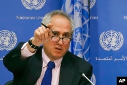 FILE - United Nations spokesman Stephane Dujarric fields questions at U.N. headquarters, June 20, 2017.