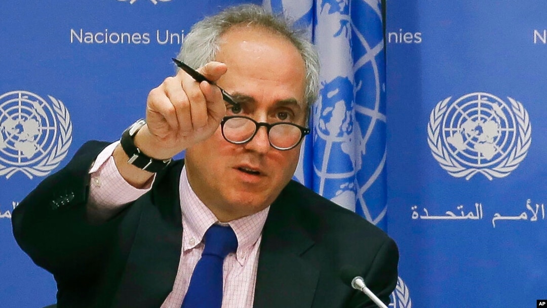 FILE - United Nations spokesman Stephane Dujarric fields questions at U.N. headquarters, June 20, 2017.
