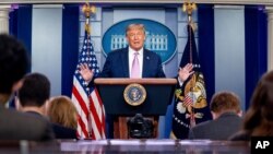 President Donald Trump speaks at a news conference in the James Brady Press Briefing Room at the White House, Tuesday, Aug. 11, 2020, in Washington. (AP Photo/Andrew Harnik)