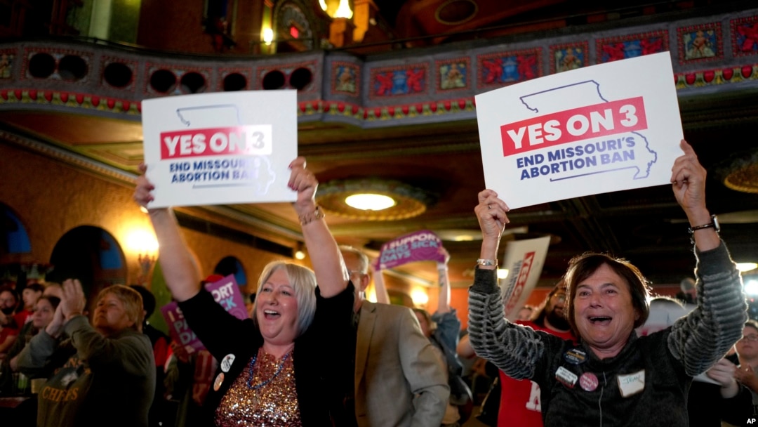 People at an election night watch party react after an abortion rights amendment to the Missouri constitution passed, Nov. 5, 2024, in Kansas City, Missouri.
