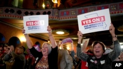 People at an election night watch party react after an abortion rights amendment to the Missouri constitution passed, Nov. 5, 2024, in Kansas City, Missouri.