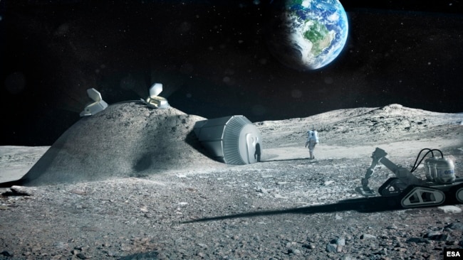 This illustration created by the European Space Agency (ESA) shows how a future moon base could be set up, with structures built with 3D printer technology. (ESA/Foster + Partners)