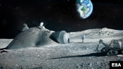 This illustration created by the European Space Agency (ESA) shows how a future moon base could be set up, with structures built with 3D printer technology. (ESA/Foster + Partners)