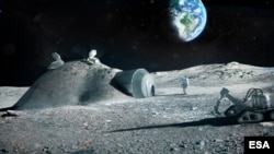 This illustration created by the European Space Agency (ESA) shows how a future moon base could be set up, with structures built with 3D printer technology. Industrial partners including architectural company Foster+Partners joined ESA to test the possibi