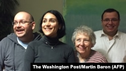 Former Iranian prisoner Jason Rezaian, left, is shown with his family shortly after his release. From second left, his wife, Yeganeh Salehi, his mother, Mary Rezaian, and his brother Ali Rezaian.