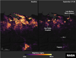 These before-and-after images of San Juan, Puerto Rico’s nighttime lights on Sept. 27 and 28, 2017, show widespread power outages after Hurricane Maria made landfall.