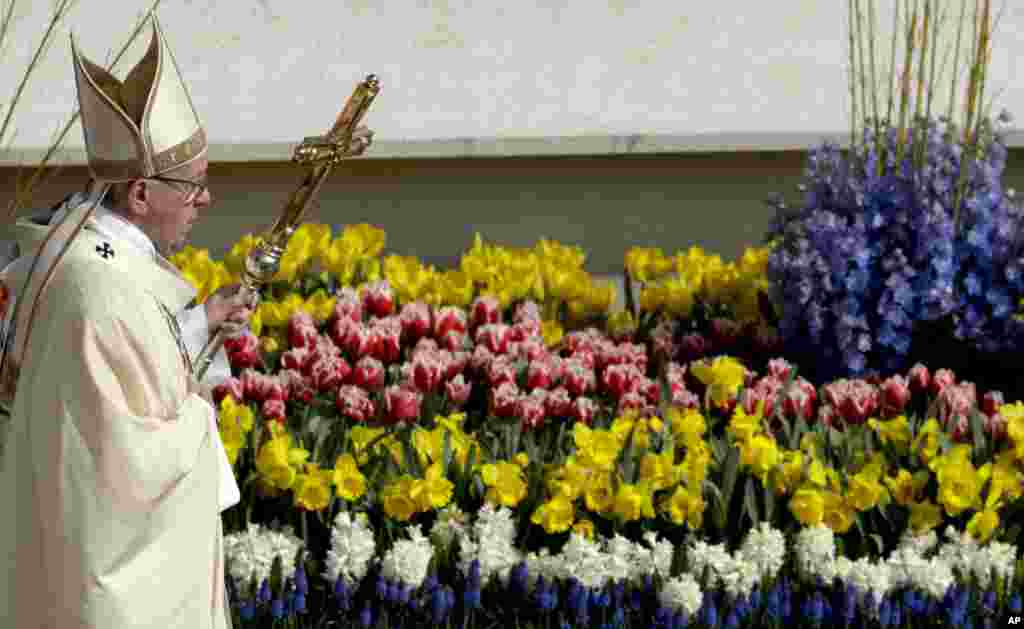 Paus Fransiskus melewati bunga-bunga saat misa Paskah di Lapangan Santo Petrus, di Vatikan, 16 April 2017.