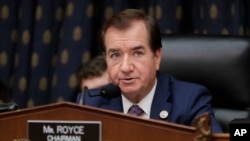 FILE - House Foreign Affairs Committee Chairman Ed Royce, R-Calif., presides over a meeting on Capitol Hill in Washington, Oct. 12, 2017.