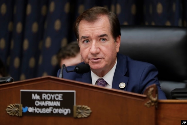 FILE - House Foreign Affairs Committee Chairman Ed Royce, R-Calif., presides over a markup of a bill to expand sanctions against Iran with respect to its ballistic missile program, on Capitol Hill in Washington, Oct. 12, 2017.