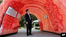 Assemblyman Richard Pan, D-Sacramento, who is pediatrician, passes through an inflatable colon display in Sacramento, Calif., March 24, 2014. The display shows what a healthy colon looks like, how polyps develop and how they can turn cancerous. The American Cancer Society now urges screening tests to detect colorectal cancer earlier, at age 45.