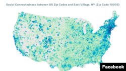 This map created by Facebook shows how connected parts of the United States are to the East Village area of New York City. The social media company says this data is provided to medical professionals and government officials to help them predict the likel