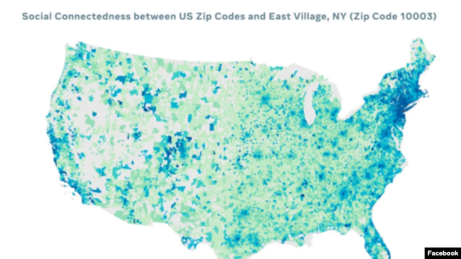 This map created by Facebook shows how connected parts of the United States are to the East Village area of New York City. The social media company says this data is provided to medical professionals and government officials to help them predict the likel