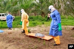 FILE - The wrapped remains of a new born child suspected of contracting the Ebola virus, lays on a stretcher as health workers, dressed in Ebola protective gear, move the body for burial in Dubreka, Guinea, June 19, 2015.
