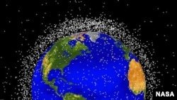 Image of Earth surrounded by orbiting objects that are currently being tracked. Approximately 95% of these objects are space debris.