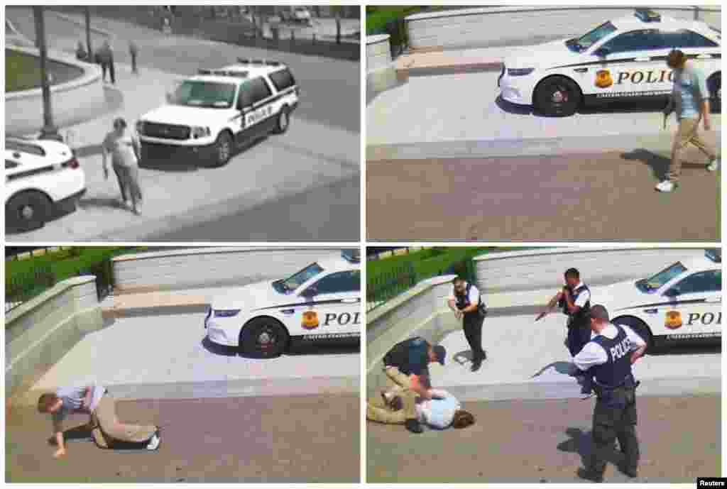 In this combination photo of frame grabs from CCTV security video, Jesse Olivieri is seen being arrested after he was shot by the U.S. Secret Service for carrying a gun outside the White House in Washington, in May 2016.