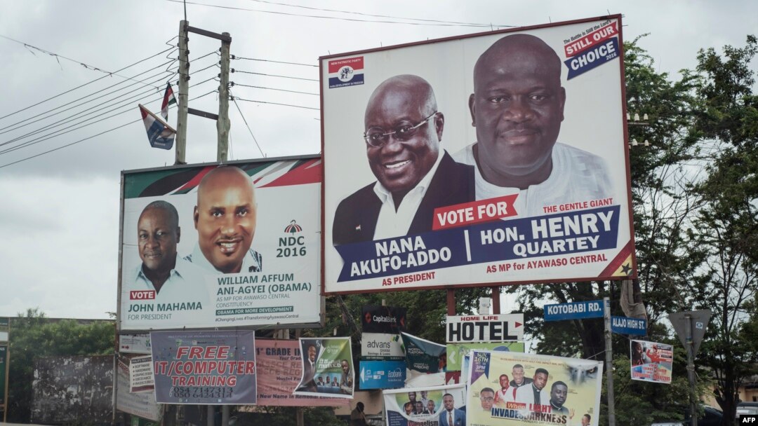 Campaign billboards of Ghana's two main political parties competing in this year's national election are seen in Accra, Ghana, Oct. 8, 2016.