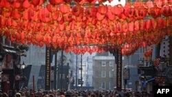 Crowds watch the celebrations for the Chinese Lunar New Year in London&#39;s China town in central London.