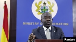 Ghana's Minister of Information Kojo Oppong Nkrumah holds a news conference on the rescue of two Canadian women who were kidnapped last week in Kumasi, in Accra, Ghana, June 12, 2019. 