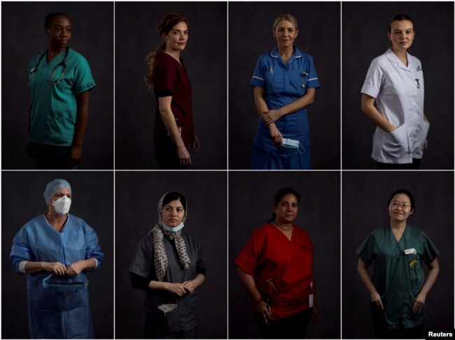 A combination picture shows East Lancashire NHS Trust healthcare workers; Junior Doctor Rahila Dusu, Consultant Orthodontist Charlotte Dugale, Staff Nurse Michaela Gildley-Taylor, Student Nurse Ruby Jocelyn, ICU Nurse Jacqui Jocelyn, Doctor Zebun Nissa,…