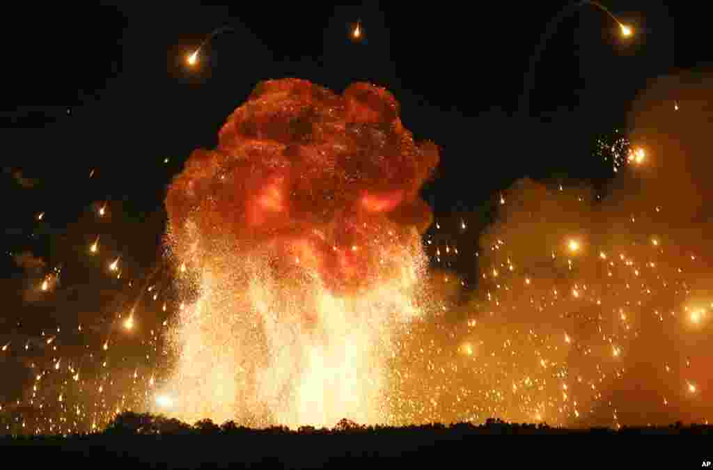 A powerful explosion is seen at a military base in Kalynivka, west of Kyiv, Ukraine.