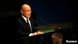 FILE-Thailand's Ambassador to the United Nations Virachai Plasai speaks during a tribute to the late King of Thailand Bhumibol Adulyadej in the General Assembly at United Nations headquarters in New York, October 28, 2016. 