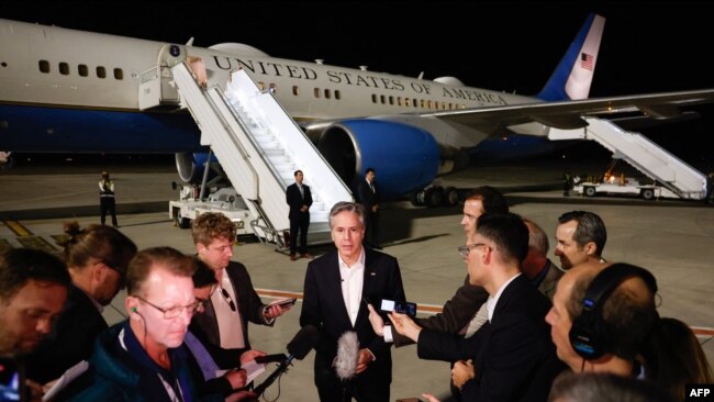 US Secretary of State Antony Blinken speaks to the media at al-Ula airport in northwestern Saudi Arabia before departing for Tel Aviv on Jan. 8, 2024, during his week-long trip aimed at calming tensions across the Middle East.