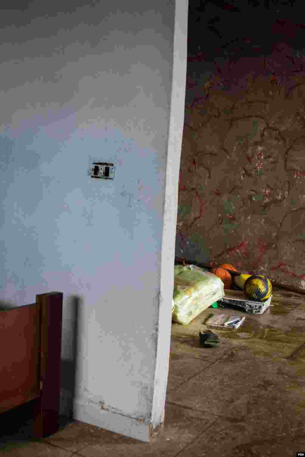 Majdi’s home acts a storage for the various sports equipment and a meeting point for the young players. (John Owens for VOA)