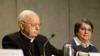 Cardinal Lorenzo Baldisseri and Sister Augusta de Oliveira attend a press conference presenting the post-synodal apostolic exhortation "Querida Amazonia" written by Pope Francis at the Vatican, Feb. 12, 2020. 