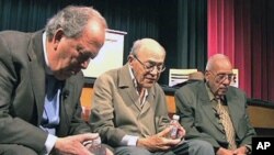 Three longtime colleagues of Muslim, Jewish and Christian faiths, respectively - from left to right, Maher Hathout, Leonard Beerman and George Regas - recently shared their insights into religion with middle and high school students at Flintridge Preparat