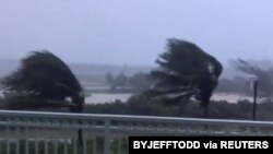 Trees are buffeted by strong winds as Hurricane Isaias hits the Bahamas, July 31, 2020, in this still image taken from social media video, shot at Emerald Bay, Great Exuma. (Jeff Todd/via Reuters)