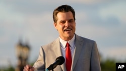 Congressman Matt Gaetz, R-Fla., speaks at an event, April 9, 2021, in Doral, Fla.