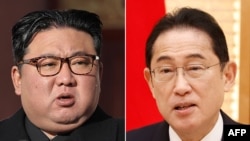 This combination of pictures created on March 25, 2024, shows North Korean leader Kim Jong Un, left, and Japan's Prime Minister Fumio Kishida.